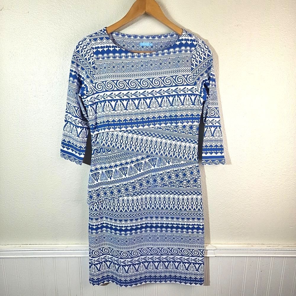 J McLaughlin Blue White Print Dress Womens Small Stretch Knit 3/4 Sleeve